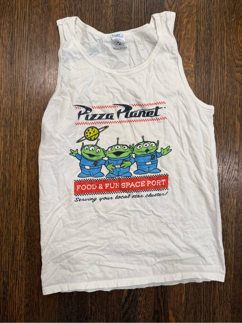 Disney White Pizza Planet Tank Top with Green Aliens